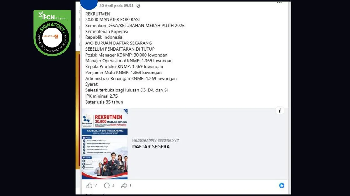 Cek Fakta: Tautan Rekrutmen Manajer Koperasi Desa Merah Putih yang Beredar di Facebook Tidak Benar