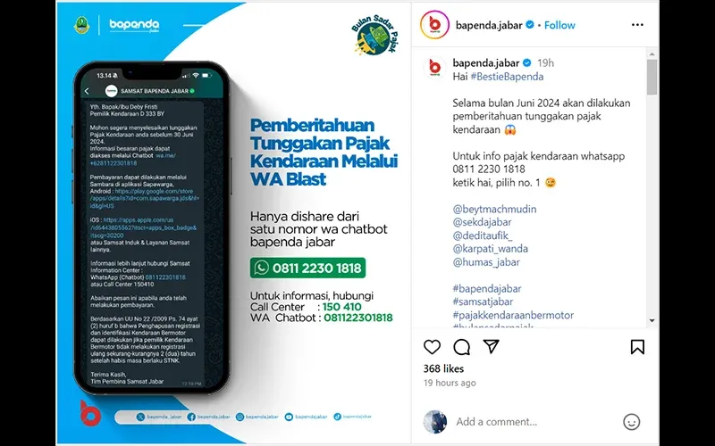 Jawa Barat Tetapkan Juni 2024 sebagai Bulan Sadar Pajak, Samsat Siapkan Edukasi hingga WA Blast
