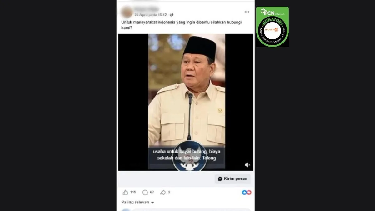 Cek Fakta: Video Prabowo Disebut Umumkan Bantuan Modal Usaha dan Bayar Utang, Klaim Tidak Benar
