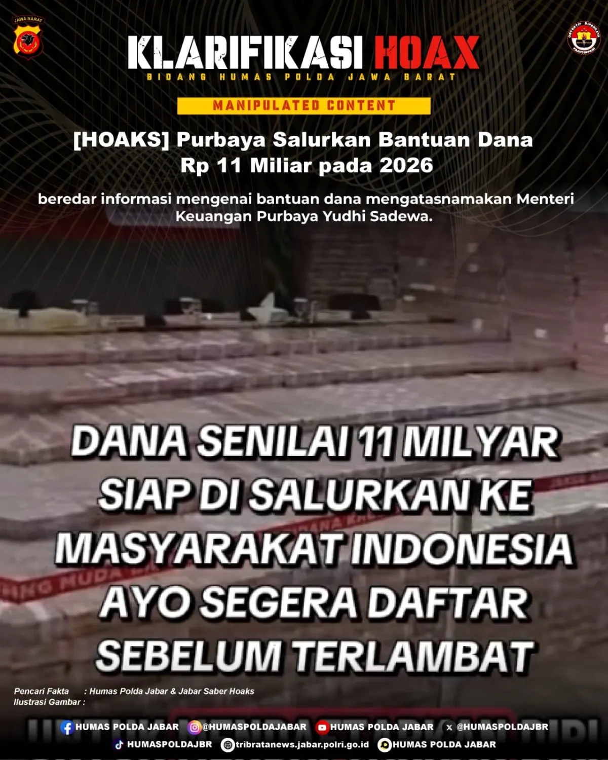 Klarifikasi Hoaks: Klaim Purbaya Salurkan Bantuan Dana Rp 11 Miliar pada 2026 Disebut Konten Manipulatif