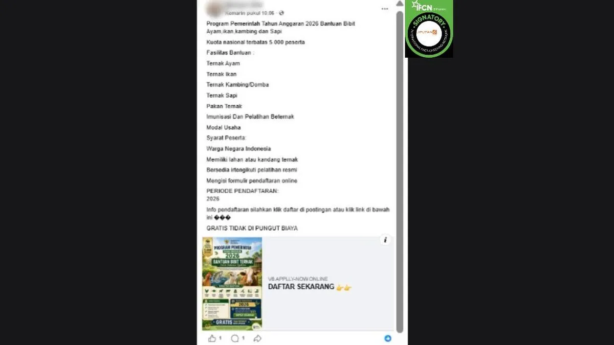Cek Fakta: Tautan Pendaftaran Bantuan Bibit Ternak dan Ikan yang Beredar di Facebook Tidak Benar