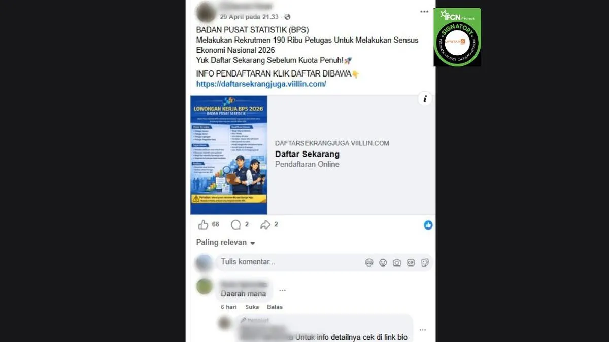 Cek Fakta: Link Pendaftaran Petugas Sensus Ekonomi 2026 BPS Tidak Benar, Ini Rujukan Informasi Resminya
