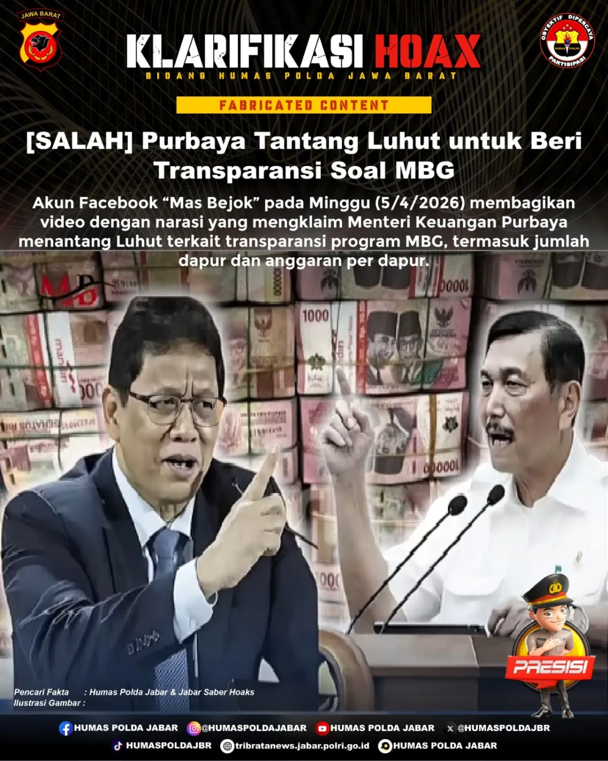 Cek Fakta: Klaim Video soal Purbaya Menantang Luhut Terkait Transparansi Program MBG Tidak Didukung Bukti