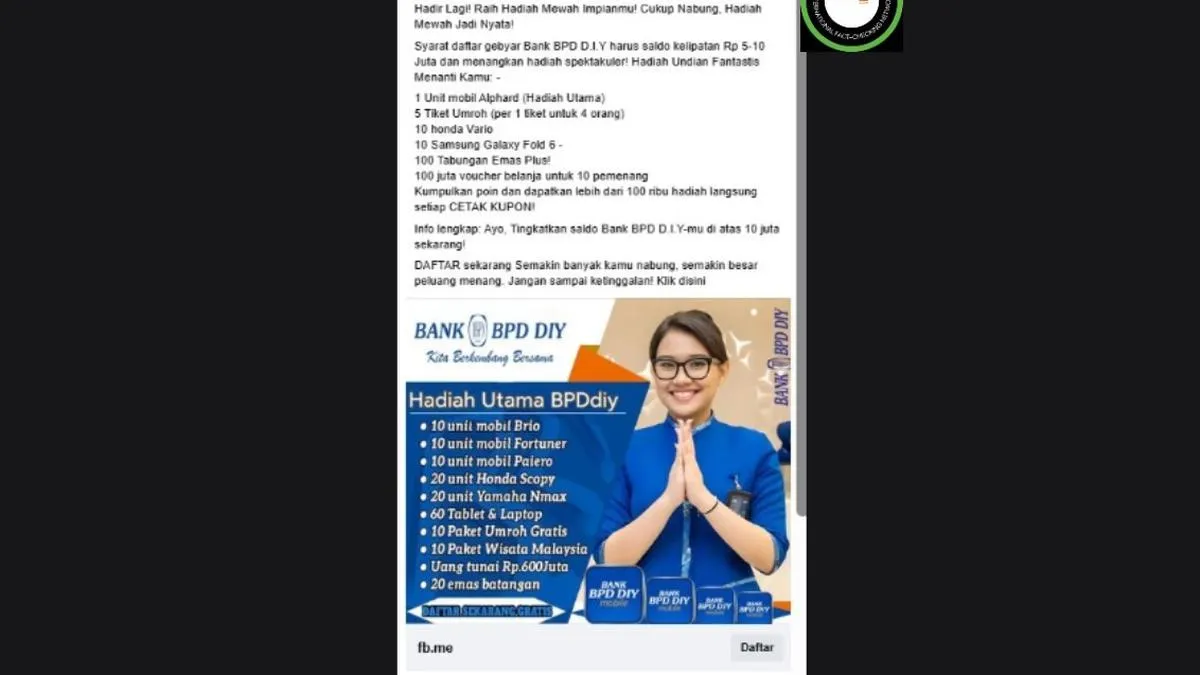 Cek Fakta: Klaim Link Pendaftaran Undian Berhadiah Bank BPD DIY di Facebook Tidak Benar