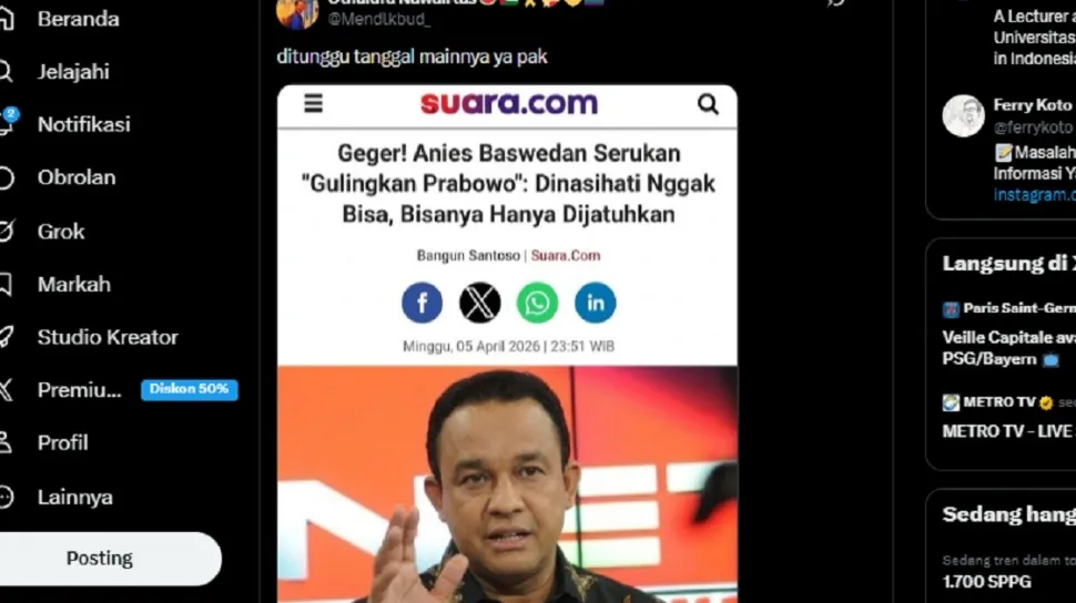 Cek Fakta: Tangkapan Layar Artikel Suara.com yang Mengaitkan Anies dengan Seruan Gulingkan Presiden Prabowo Disebut Hoaks