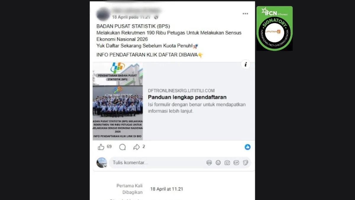 BPS Tegaskan Tautan Pendaftaran Rekrutmen 190 Ribu Petugas Sensus Ekonomi 2026 di Medsos Tidak Benar