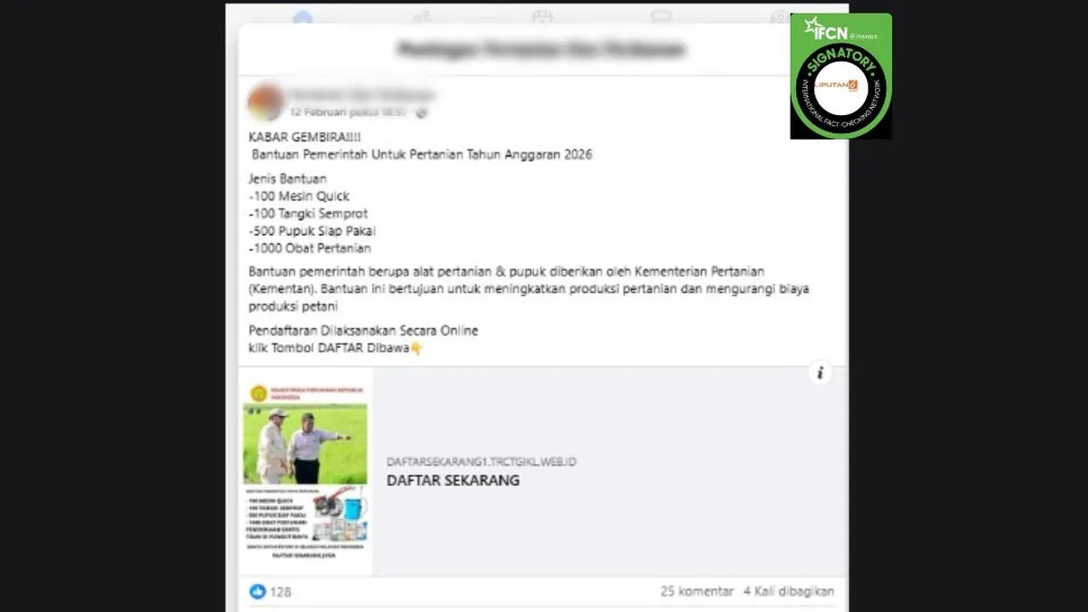 Hoaks Link Pendaftaran Bantuan Alsintan Kementan Beredar di Media Sosial, Minta Data Pribadi