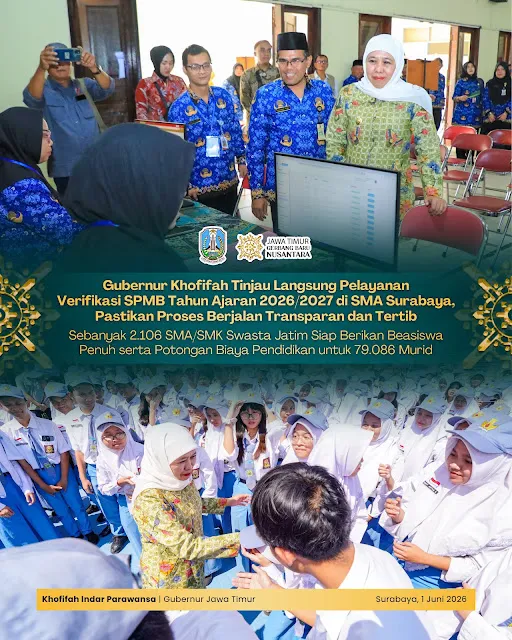 Khofifah Tinjau Verifikasi SPMB di Surabaya, Tekankan Proses Tertib dan Transparan
