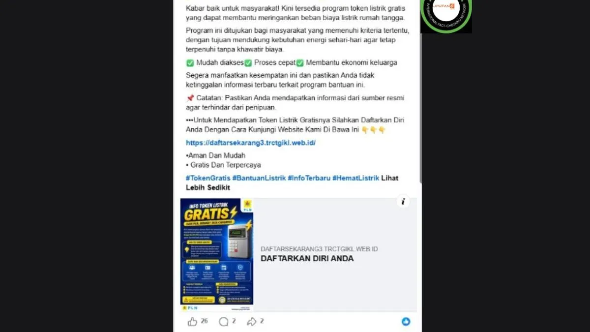 PLN Tegaskan Tautan Pendaftaran Token Listrik Gratis yang Beredar di Medsos Adalah Hoaks