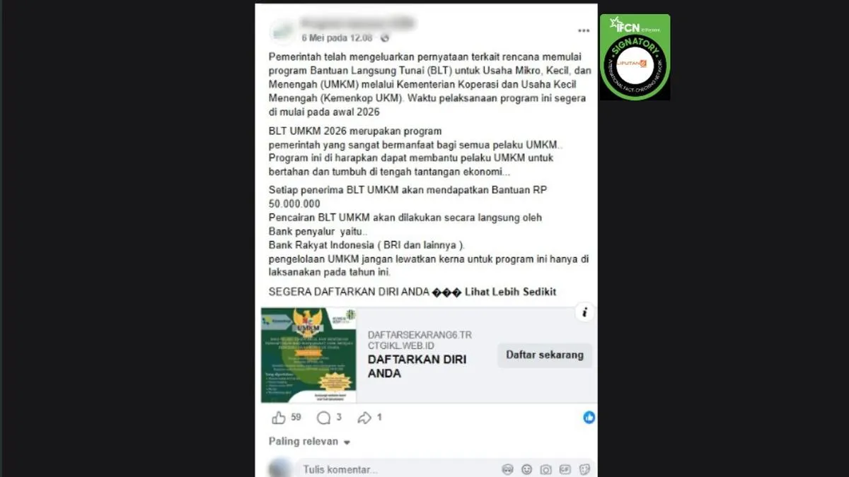 Kementerian UMKM Tegaskan Tautan Pendaftaran BLT UMKM Rp 50 Juta adalah Hoaks