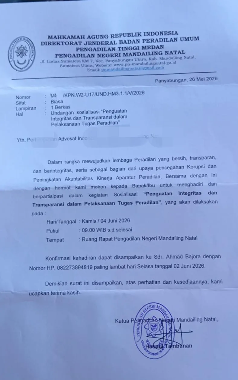 PN Mandailing Natal Jadwalkan Sosialisasi Penguatan Integritas dan Transparansi Peradilan, Undang Advokat dan Pemangku Kepentingan