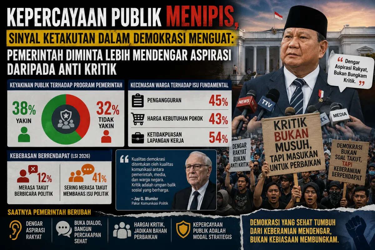 Survei: Keyakinan Publik terhadap Program Pemerintah Menipis, Kekhawatiran Ekonomi dan Rasa Takut Berpendapat Meningkat