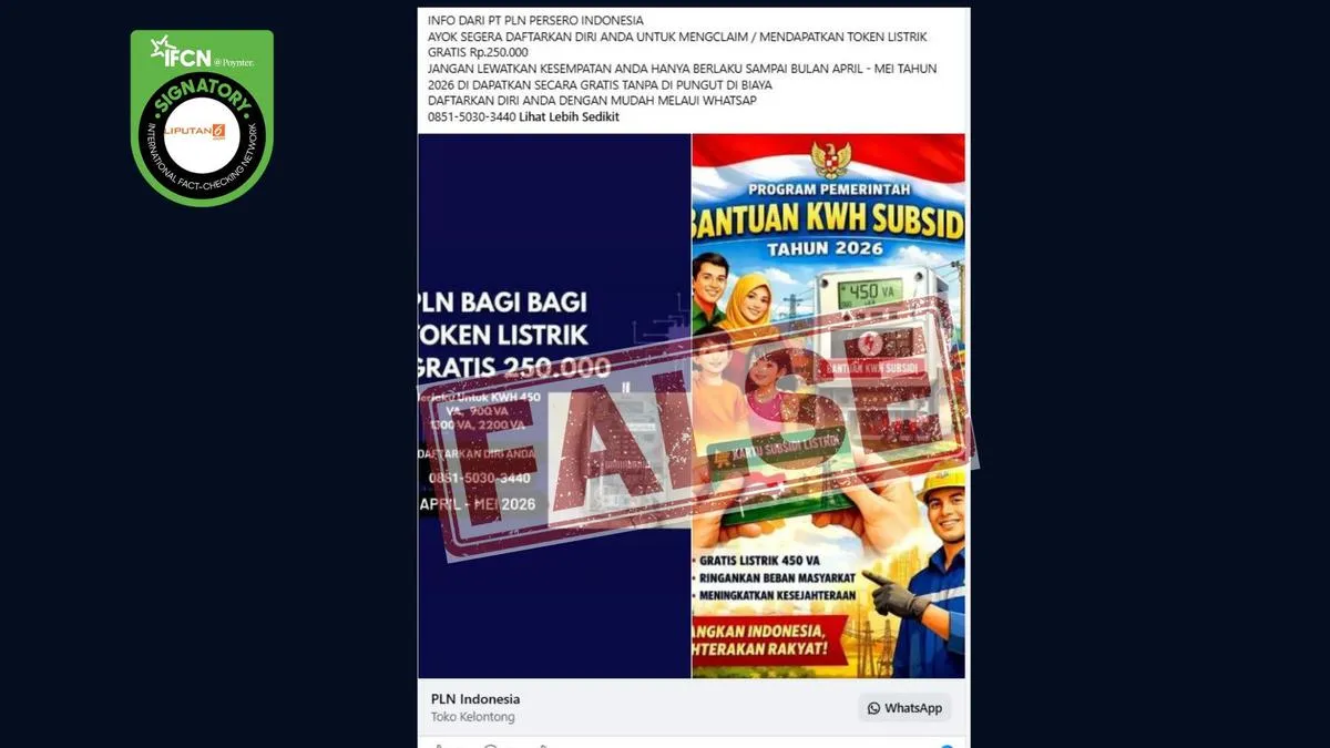 Klaim Pendaftaran Token Listrik Gratis April–Mei 2026 via WhatsApp Disebut Hoaks