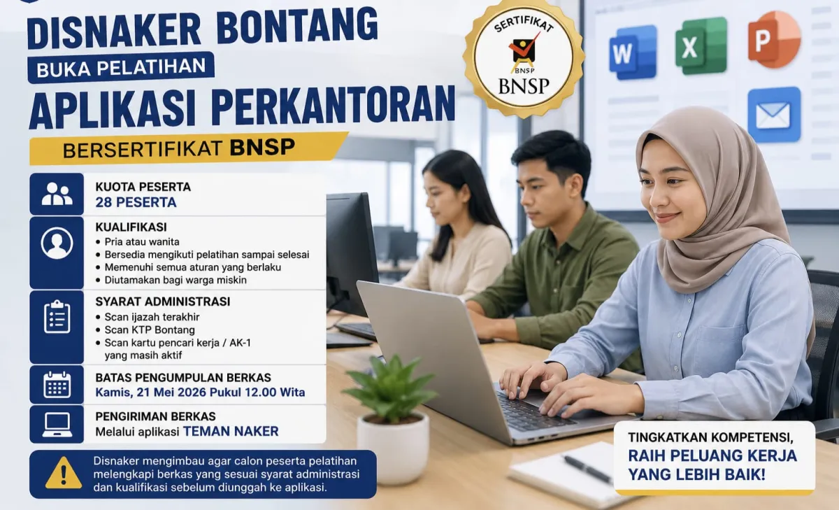 Disnaker Bontang Buka Pelatihan Aplikasi Perkantoran Bersertifikat BNSP, Kuota 28 Peserta