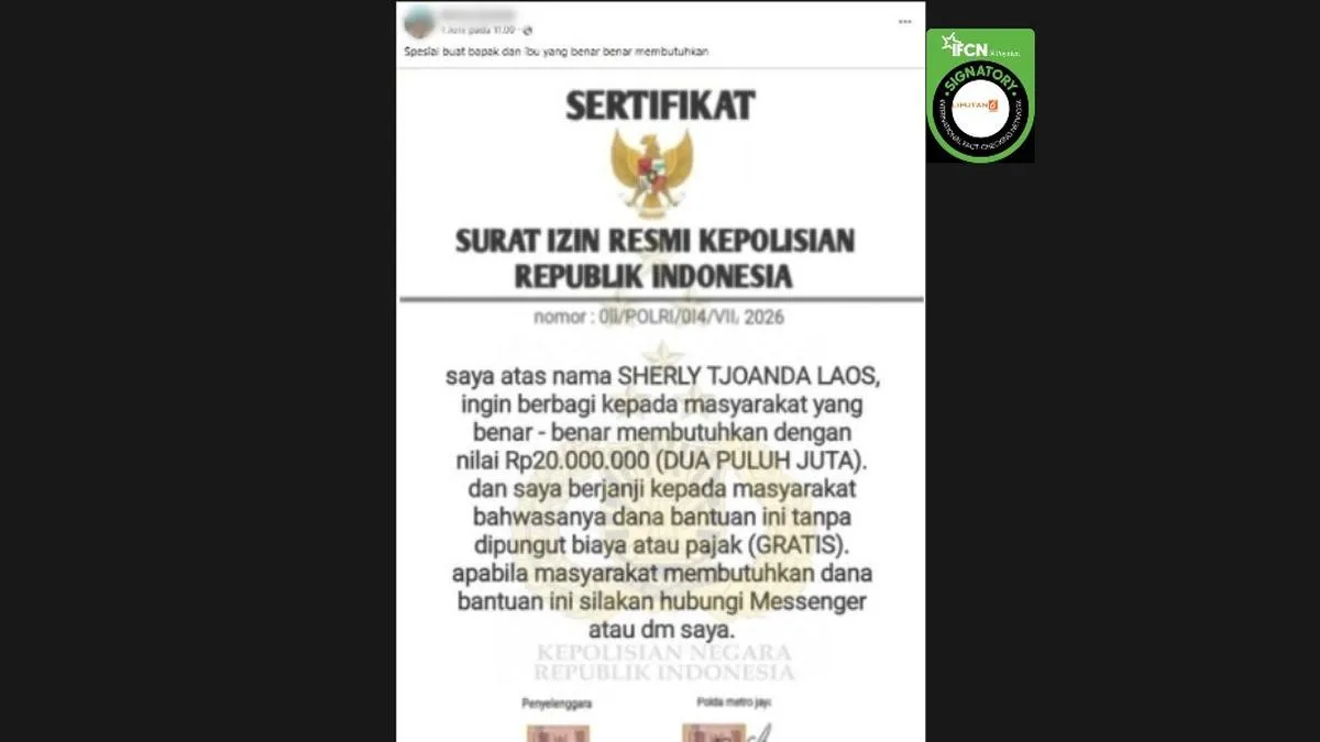 Cek Fakta: Klaim Sherly Tjoanda Bagi-bagi Dana Bantuan Rp 20 Juta Disebut Hoaks