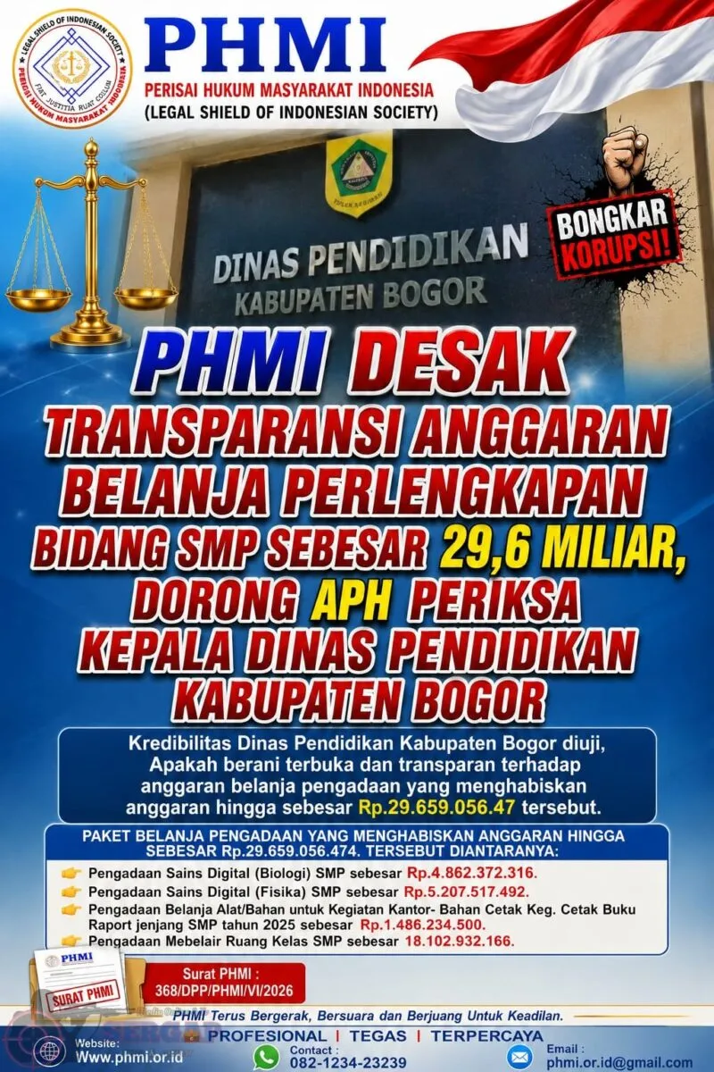 PHMI Minta Transparansi Belanja Perlengkapan Bidang SMP Rp29,6 Miliar di Kabupaten Bogor