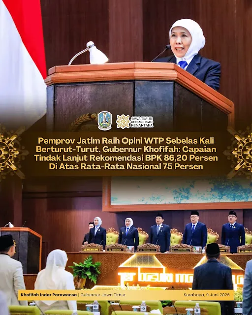 Pemprov Jatim Raih Opini WTP ke-11 Beruntun, Tindak Lanjut Rekomendasi BPK Capai 86,20 Persen
