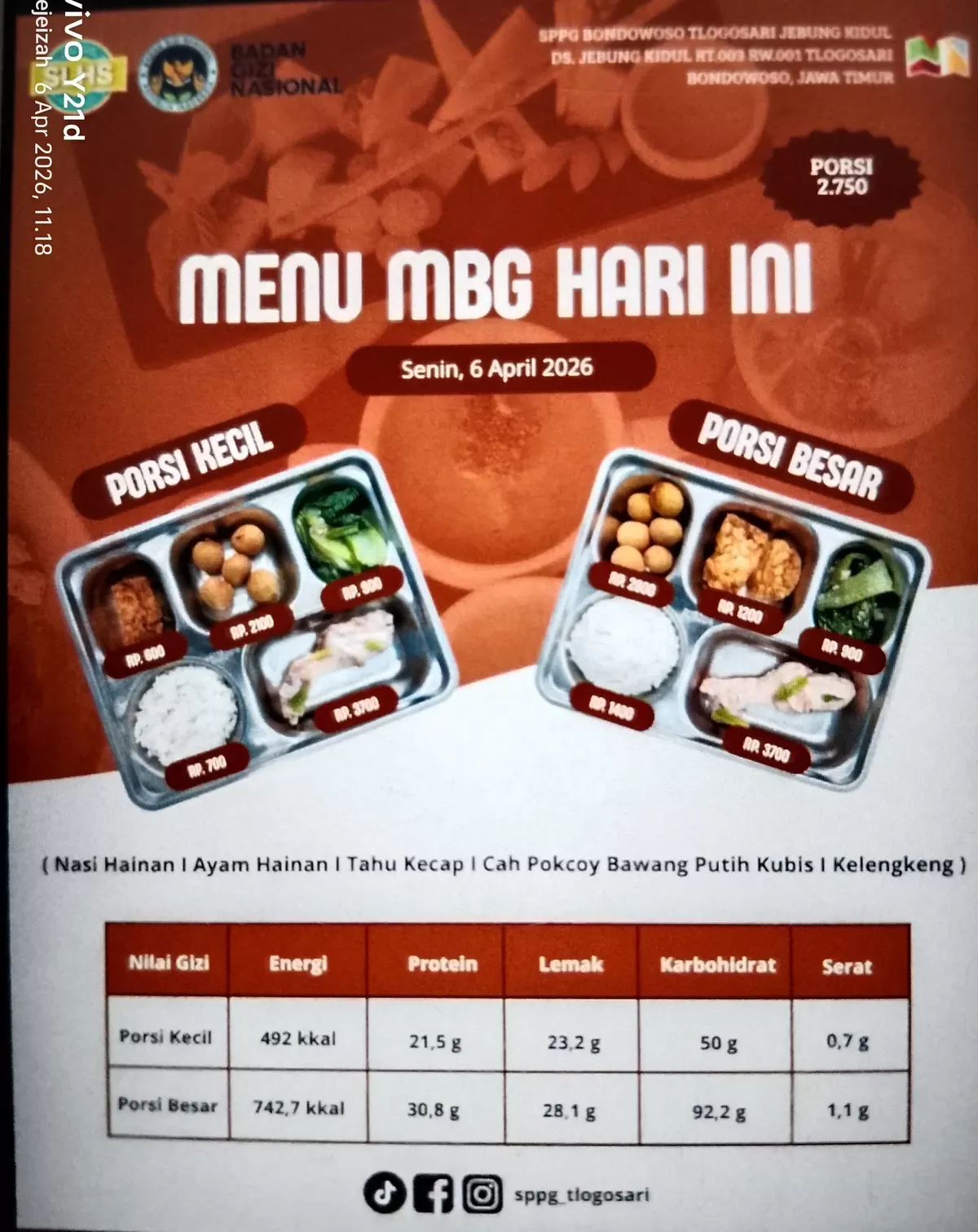 MBG Tlogosari Sajikan Nasi Hainan pada 6 April 2026, Sediakan 2.750 Porsi dengan Komposisi Gizi Seimbang