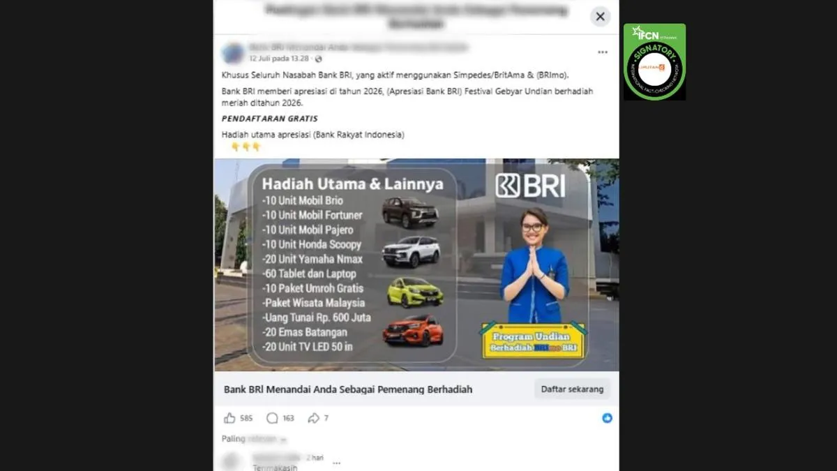 Cek Fakta: Link Pendaftaran Undian Berhadiah BRI 2026 di Facebook Tidak Benar