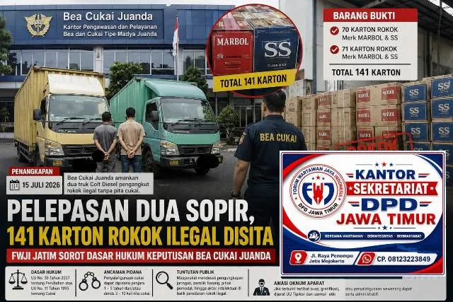 Pelepasan Dua Sopir Pengangkut 141 Karton Rokok Diduga Ilegal Disorot, FWJI Jatim Minta Bea Cukai Juanda Transparan