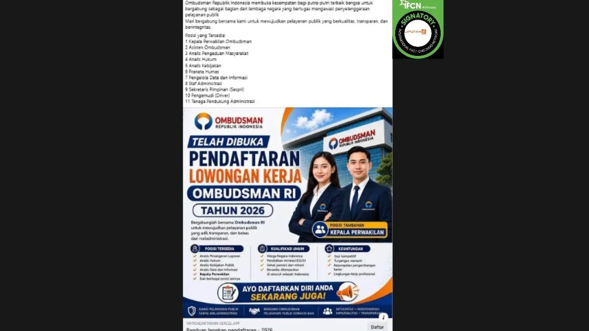 Cek Fakta: Tautan Pendaftaran Lowongan Kerja Ombudsman 2026 di Facebook Tidak Benar