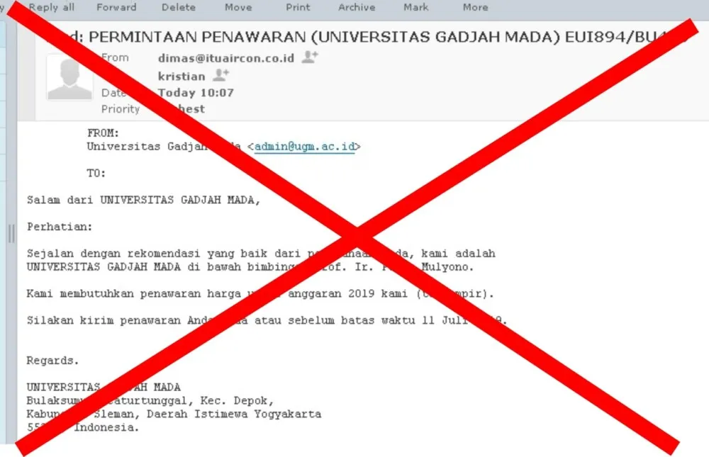 UGM Peringatkan Waspada Email Mengatasnamakan Kampus Berisi Permintaan Penawaran