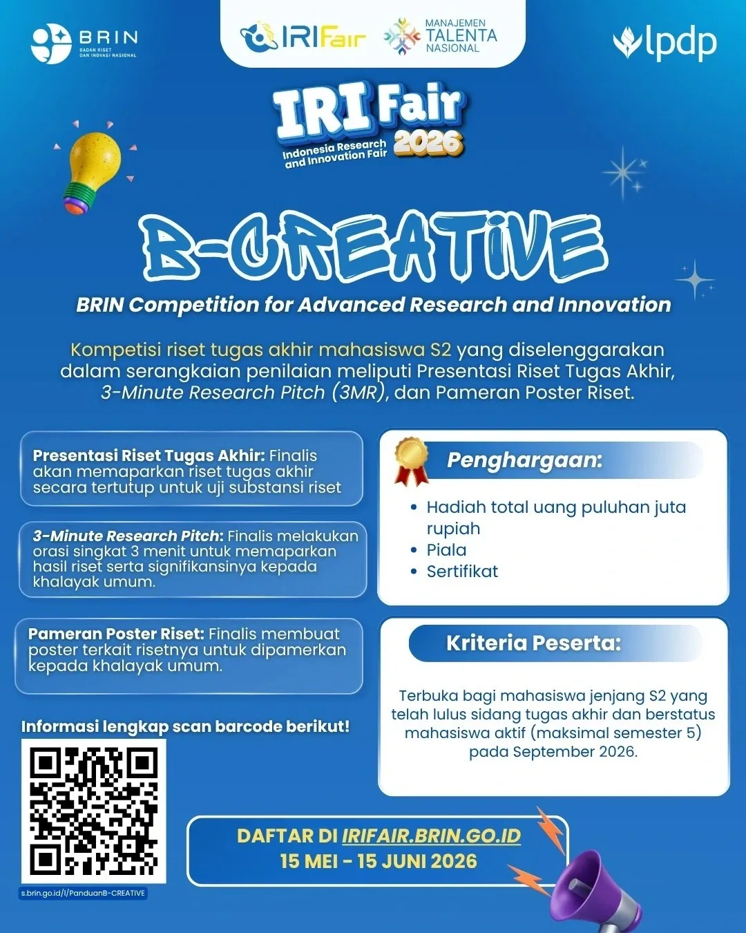 BRIN Buka Pendaftaran Kompetisi B-Creative 2026 untuk Mahasiswa S2 hingga 15 Juni
