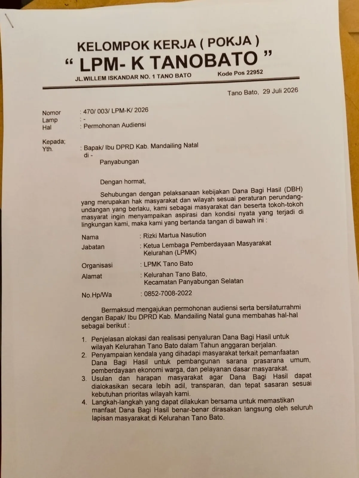 LPMK Tanobato Minta Audiensi ke DPRD Madina, Soroti Transparansi DBH Panas Bumi 2026