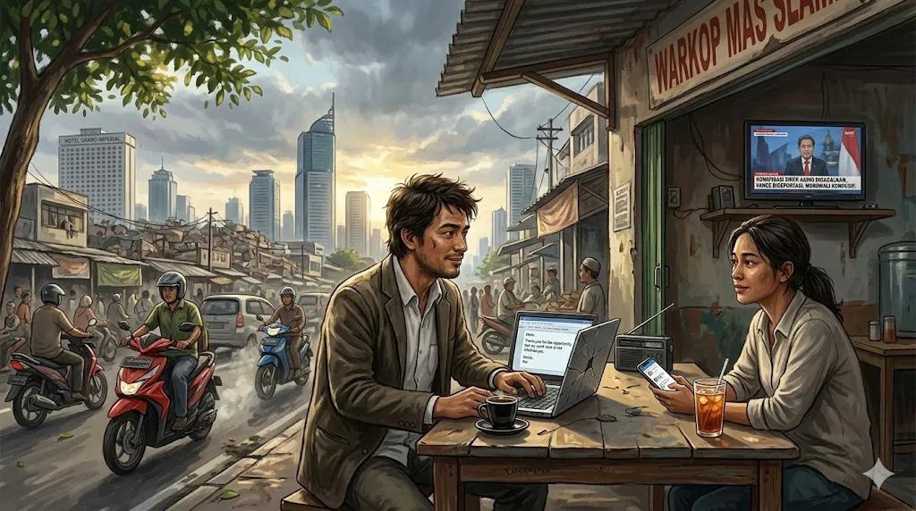 Ilustrasi Rian dan Dinda di warung kopi Jakarta.