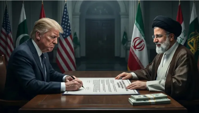Ilustrasi AI: Trump dan Mojtaba Khamenei, pemimpin tertinggi Iran.