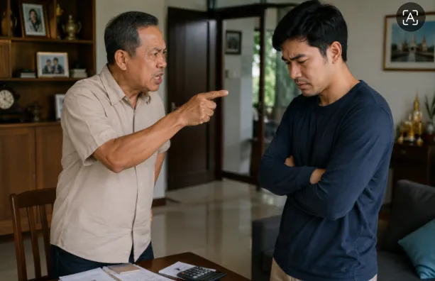Gambar tentang ayah dan anak laki-laki di keluarga Thailand sedang bertengkar. Si ayah mempersoalkan penggunaan uang yang ceroboh oleh si anak.
