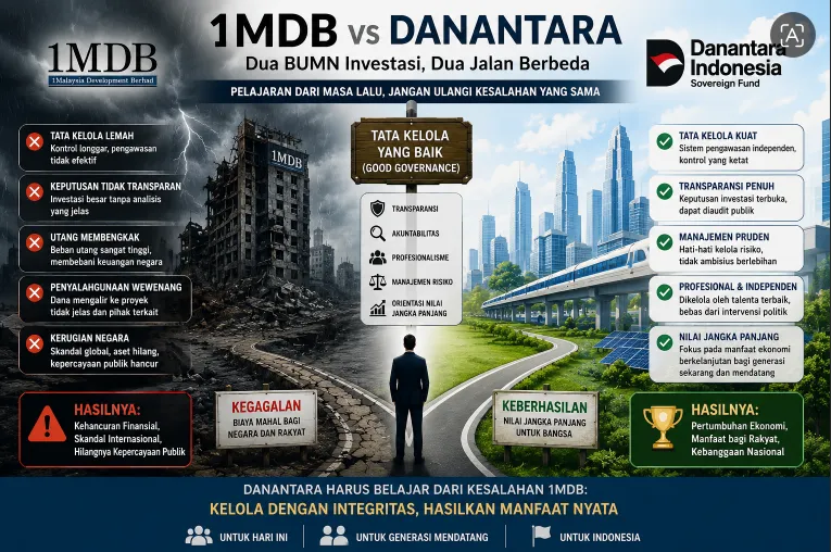 Ilustrasi perbandingan 1MDB Malaysia dan Danantara Indonesia.
