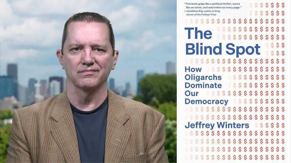 Jeffrey A. Winters dan cover bukunya “The Blind Spot: How Oligarchs Dominate Our Democracy.”