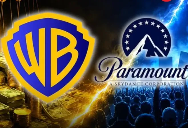 Ilustrasi merger antara raksasa media Paramount Global dan Warner Bros Discovery.