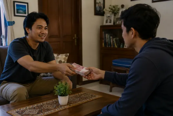 Ilustrasi diberi uang oleh teman (Gambar AI: Satrio)
