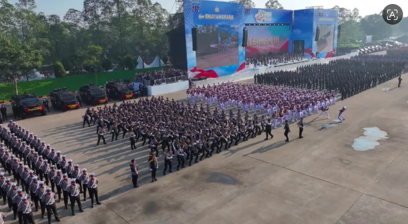 Suasana Upacara Peringatan ke-80 Hari Bhayangkara Tahun 2026 yang digelar di Lapangan Satuan Latihan Korbrimob, Cikeas, Kabupaten Bogor, Jawa Barat.