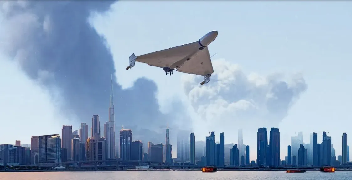 Ilustrasi drone Iran yang menyerang sasaran di kawasan Teluk.