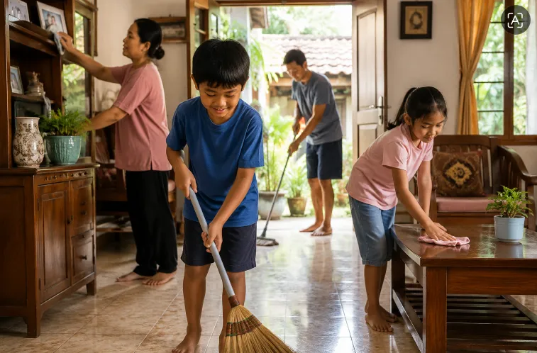 Ilustrasi anak-anak sedang membantu orang tua membersihkan rumah.