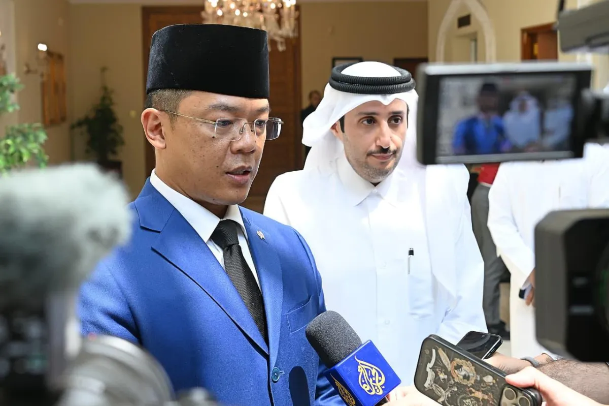Menteri Luar Negeri Sugiono dalam keterangannya di Kedutaan Besar Negara Qatar, Jakarta, pada Rabu, 15 Juli 2026.