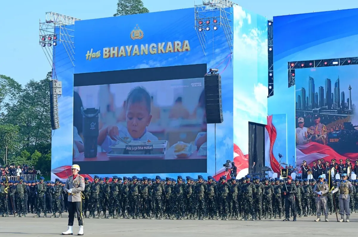 Upacara Peringatan Ke-80 Hari Bhayangkara Tahun 2026 di Lapangan Satuan Latihan Korps Brimob, Cikeas, Kabupaten Bogor, Jawa Barat.