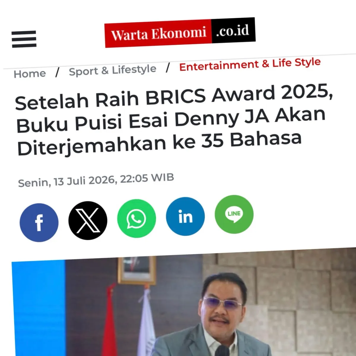 Pemberitaan media tentang penerjemahan buku puisi esai Denny JA ke 35 bahasa.