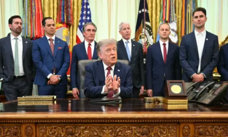 Presiden AS Donald Trump membuat pengumuman tentang Inovasi Nuklir Amerika di Ruang Oval, pada 24 Juli 2026.