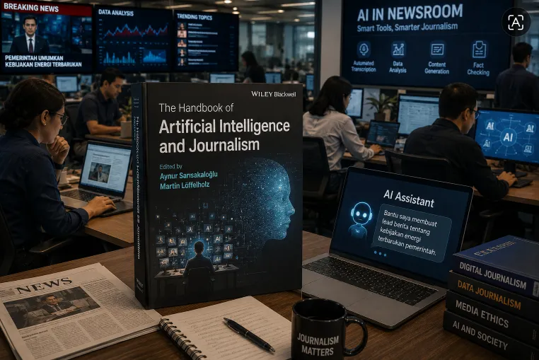 Ilustrasi ruang redaksi yang menggunakan artificial intelligence (AI).