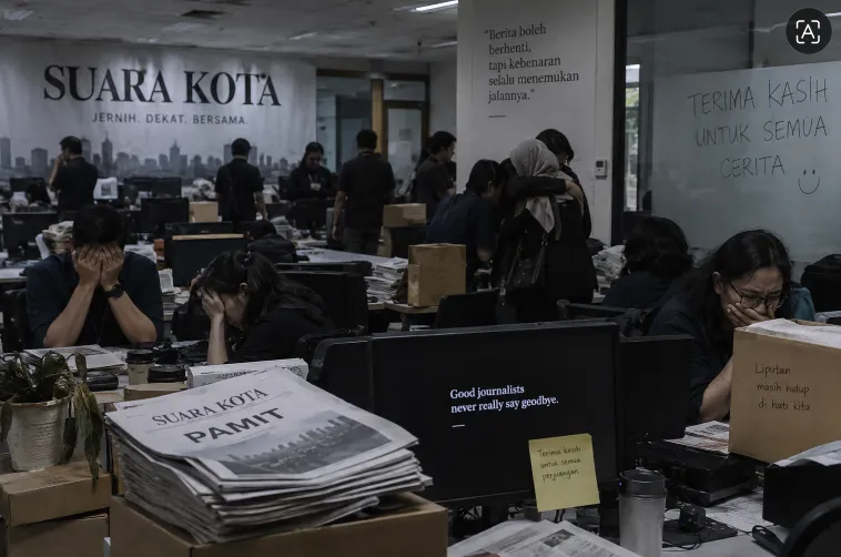 Ilustrasi suasana ruang redaksi ketika perusahaan media ditutup karena bangkrut.
