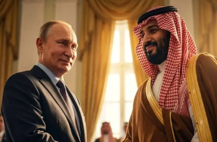 Ilustrasi Presiden Rusia Putin dan pemimpin Arab Saudi Mohammed bin Salman.