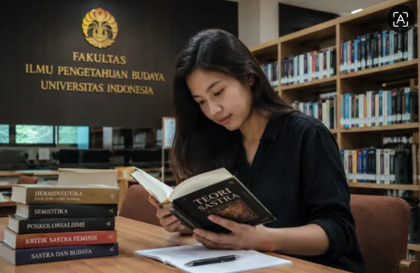 Ilustrasi mahasiswi Universitas Indonesia sedang membaca buku sastra.