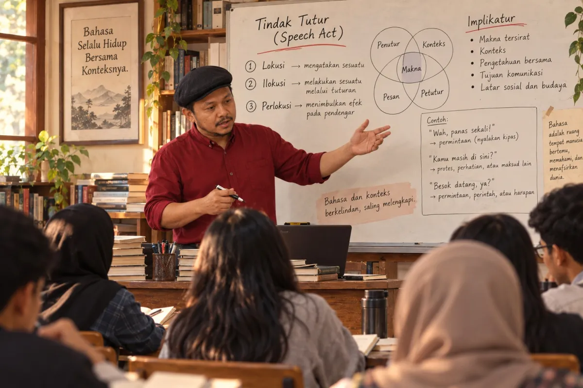 Ilustrasi dosen sedang mengajar di kampus, salah satu bentuk komunikasi melalui bahasa.