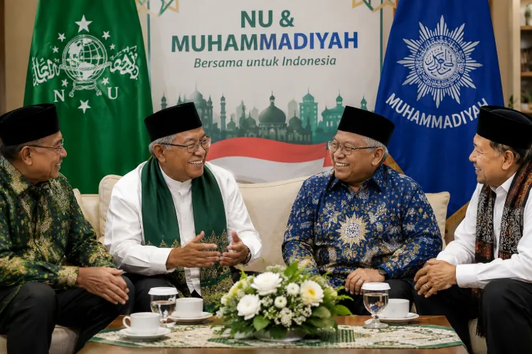Ilustrasi keakraban antara pimpinan organisasi NU dan Muhammadiyah.