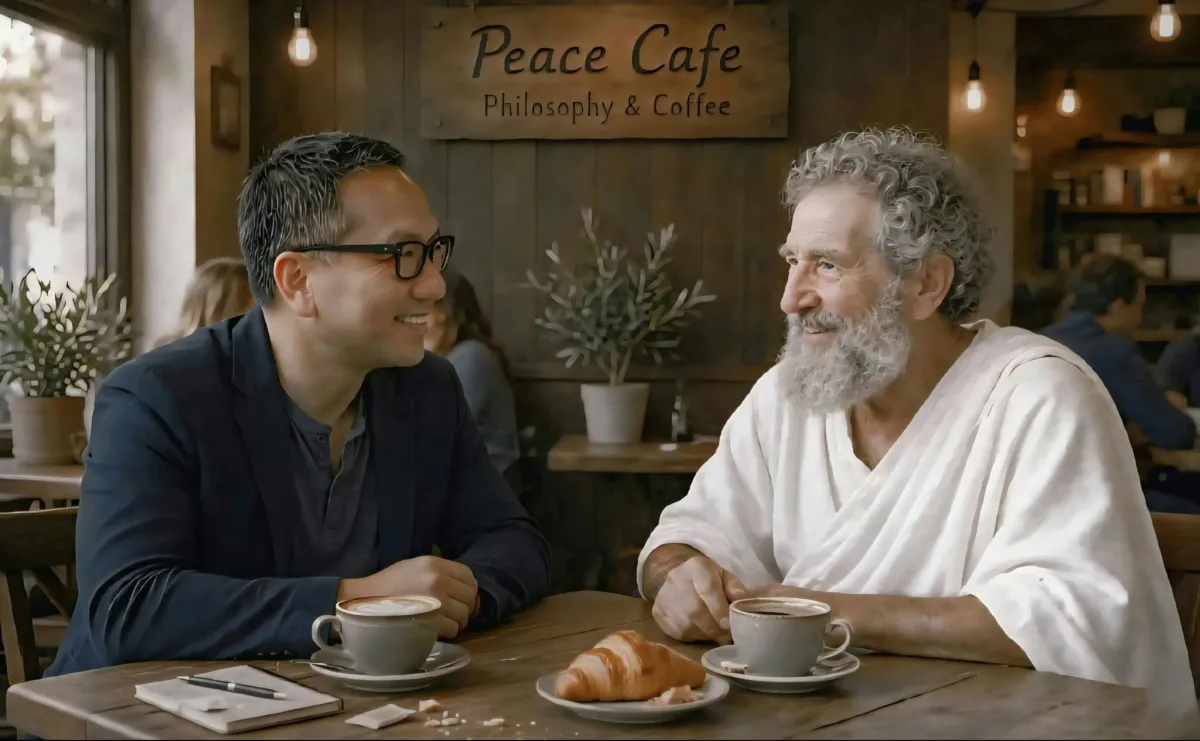 Pendiri Peace Café berdialog dengan Plato.