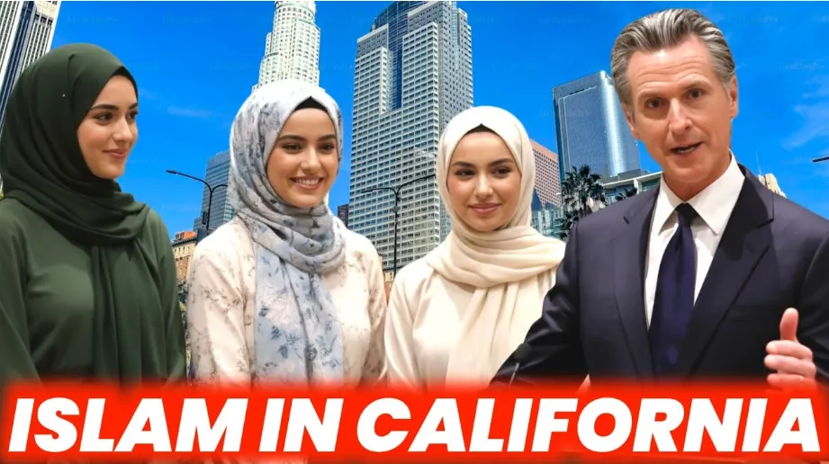Ilustrasi muslim di California dan Gubernur California Gavin Newsom.
